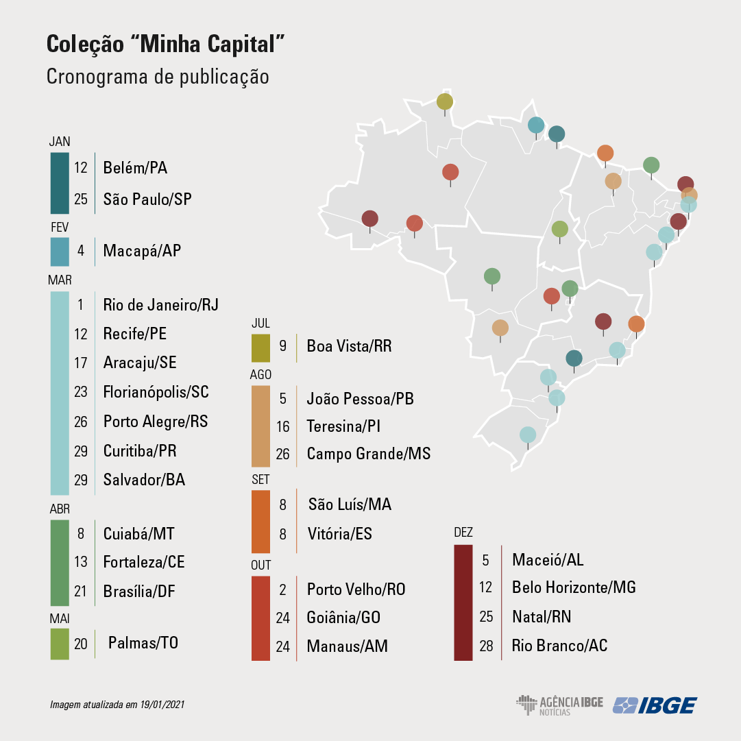 #PraCegoVer gráfico com as datas de aniversário das capitais em 3 colunas e com mapa no alto a direita com as capitais marcadas